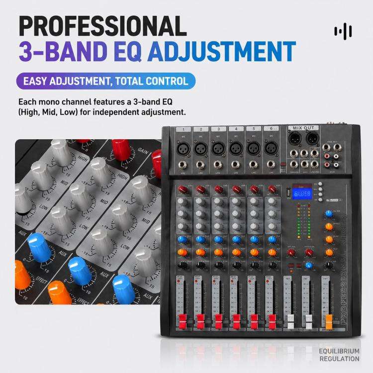 CT-6 6-Channel Professional Bluetooth Mixer with Amplifier, Plug Type:EU Plug(Black Grey)