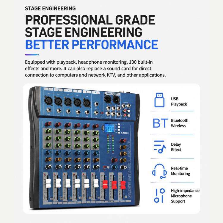 CT-6 6-Channel Professional Bluetooth Mixer with Amplifier, Plug Type:UK Plug(Black Grey)