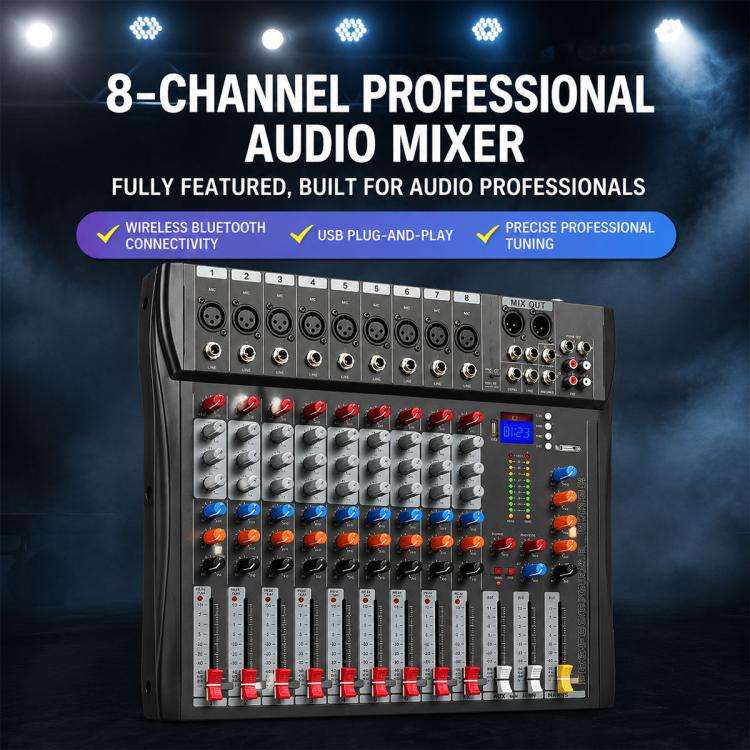 CT-8 8-Channel Professional Bluetooth Mixer USB Sound Card, Plug Type:US Plug(Black Grey)