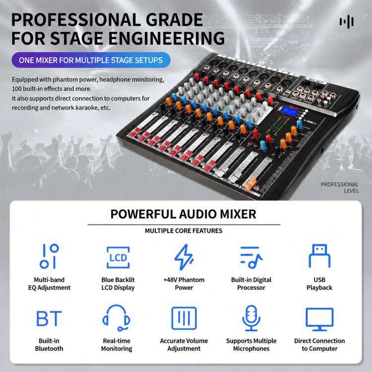 CT-8 8-Channel Professional Bluetooth Mixer USB Sound Card, Plug Type:UK Plug(Black Grey)