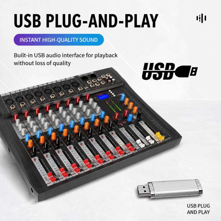 CT-8 8-Channel Professional Bluetooth Mixer USB Sound Card, Plug Type:US Plug(Black Grey)
