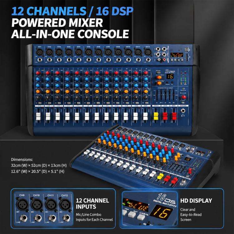 1202D 12-Channel Multi-function Professional Bluetooth Mixer with Amplifier, Plug Type:US Plug(Bl...