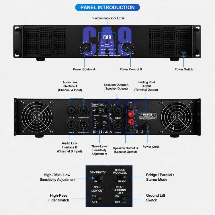 CA20 2800W Stage Dual-Channel Pure Audio Power Amplifier(UK Plug)