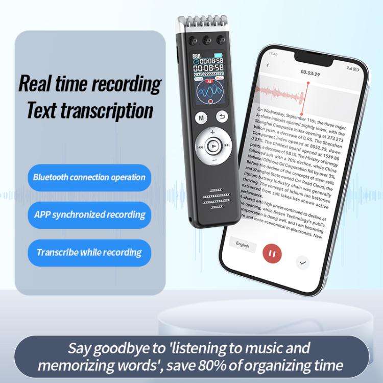 Q88A 1.14-inch Screen Multi-function HD Smart Voice Recorder Support AIREC-APP, Memory:64GB(Black)