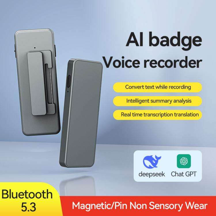 A7 Employee ID Badge AI Voice Recorder with Pin Support AIREC-APP, Memory:128GB(Grey)