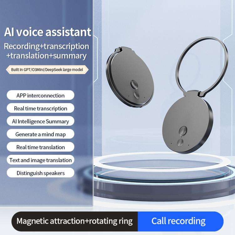 A30 Magnetic Ring AI Voice Recorder & Phone Stand Support AIREC-APP, Memory:8GB(Black)