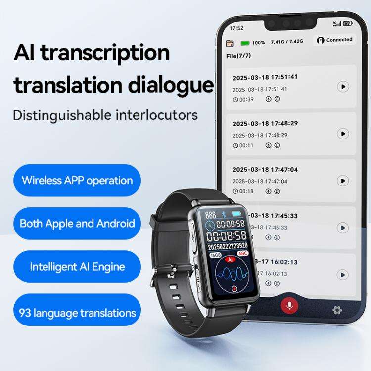 S18A 1.47-inch Screen AI Dialogue Translation Voice Recording Bracelet Support AIREC-APP, Memory:...