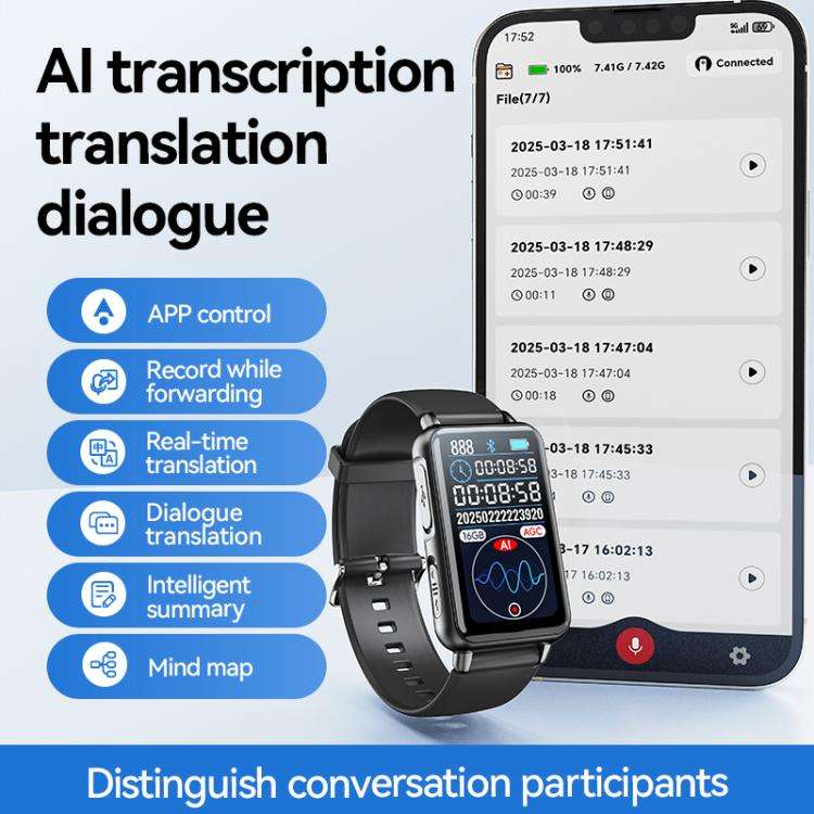 S18A 1.47-inch Screen AI Dialogue Translation Voice Recording Bracelet Support AIREC-APP, Memory:...