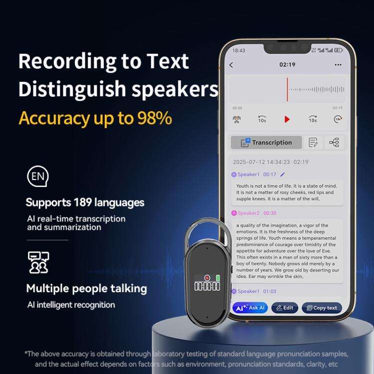 S29A 0.42-inch TFT Display Portable Keychain AI Voice Recorder Support AIREC-APP, Memory:8GB(Black)