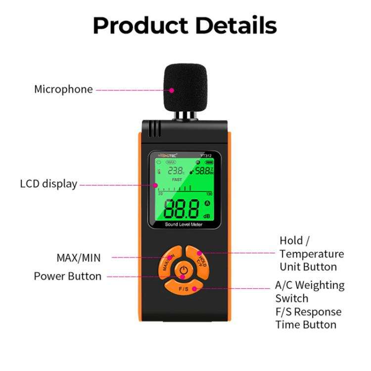 YT312 High Precision Digital Sound Level Meter Support Temperature and Humidity Measurement(Black...