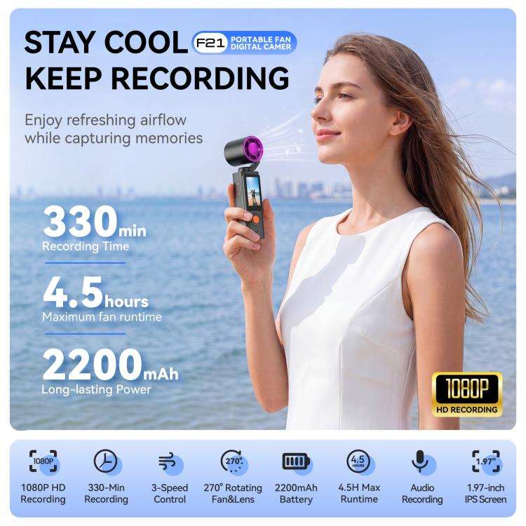 F21 1.97 inch IPS Screen 1080P HD Handheld Vlog Video Camera with Fan(Black)