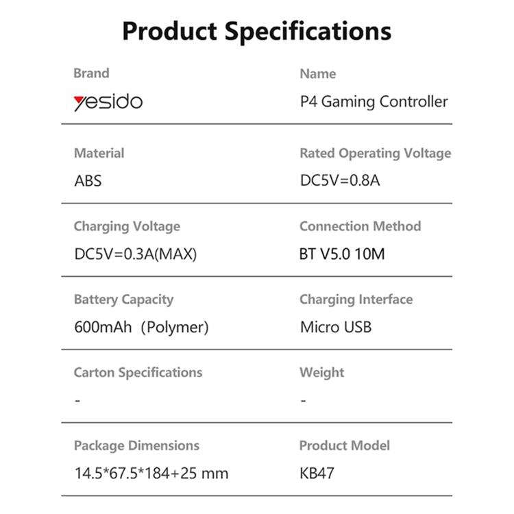 Yesido KB47 For PS4/PS3 Wireless Game Controller(Black)