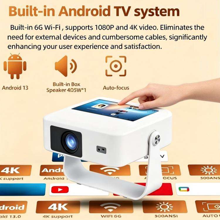 A53 Android 13 Ultra HD Auto Focus Compact LED Projector, Plug Type:AU Plug(White)
