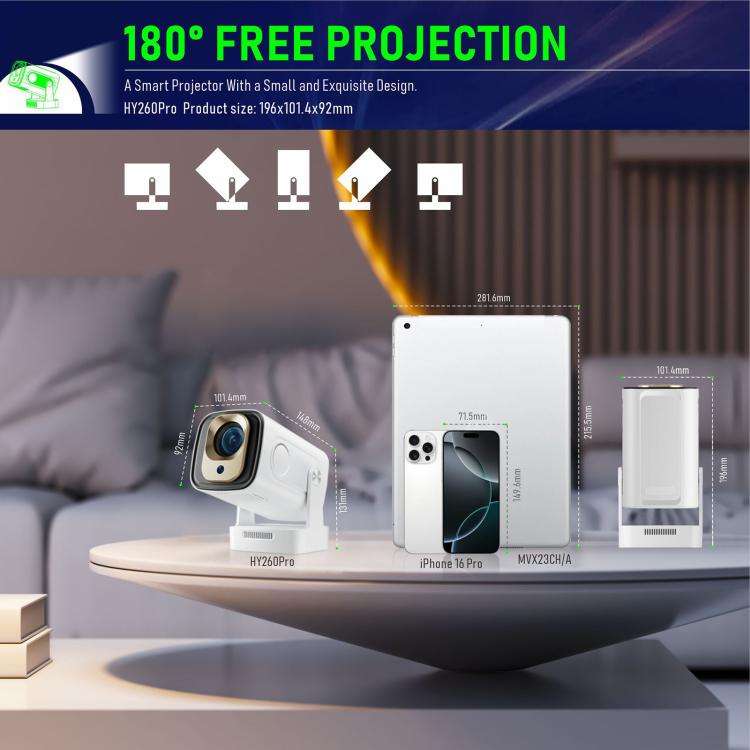 HY260 Pro 4K 1080P Portable Dual-Band WiFi Wireless Screen Mirroring HD Projector, US Plug(White)