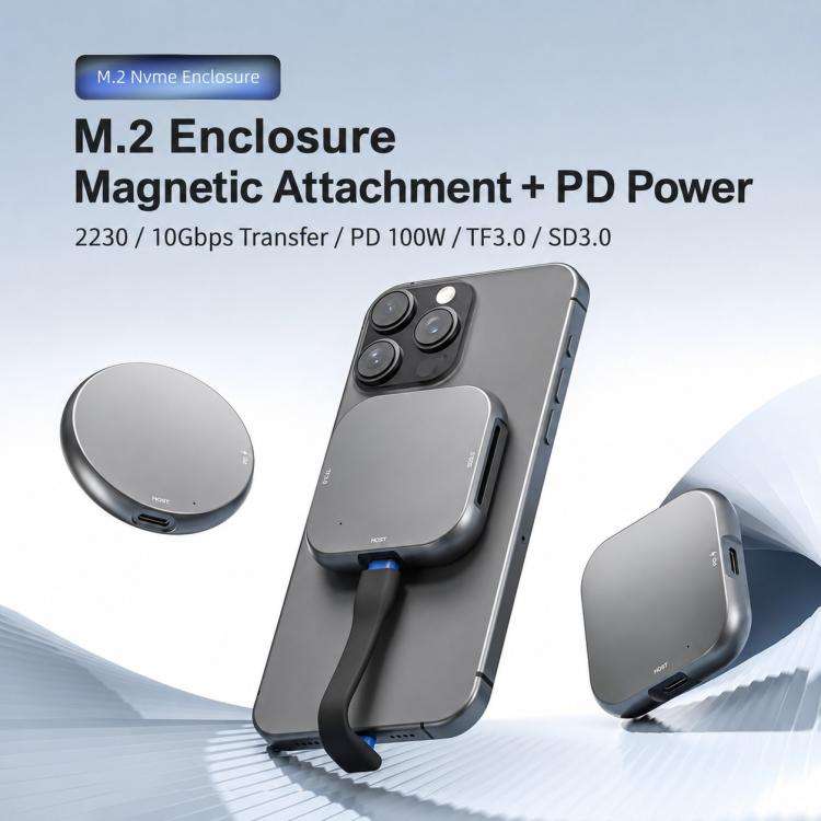 M.2 2230 NVMe SSD Magnetic Portable Hard Drive Enclosure, Model:Square PD100W(Dark Grey)