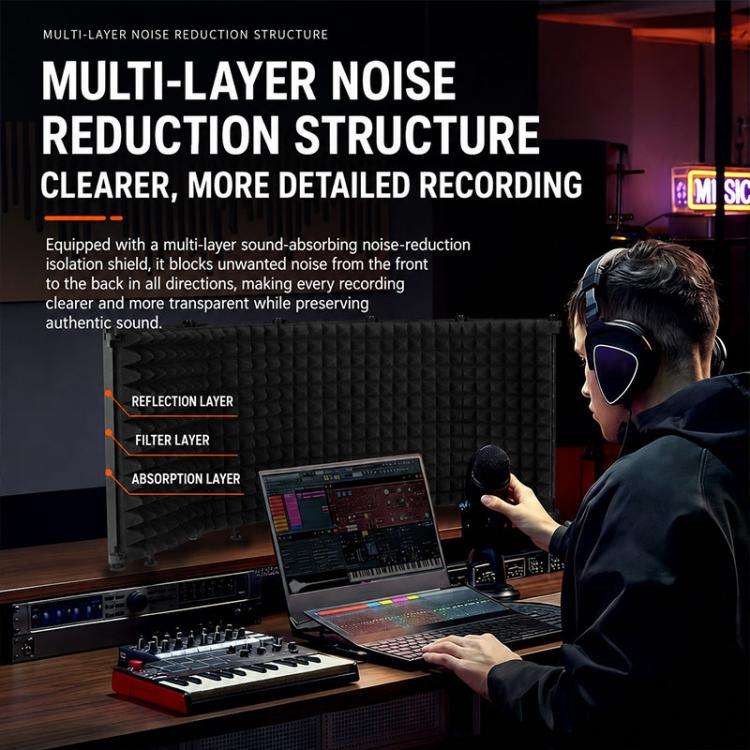 M3P Foldable Three-Panel Microphone Isolation Shield Windproof Screen with Phone Clip(Black)