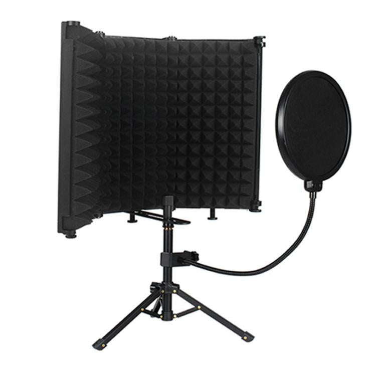 M3P Foldable Three-Panel Microphone Isolation Shield with Phone Clip, Tripod, Pop Filter Kit(Black)