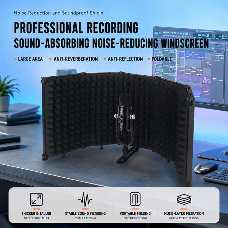 M3P Foldable Three-Panel Microphone Isolation Shield with Phone Clip, Tripod, Pop Filter Kit(Black)