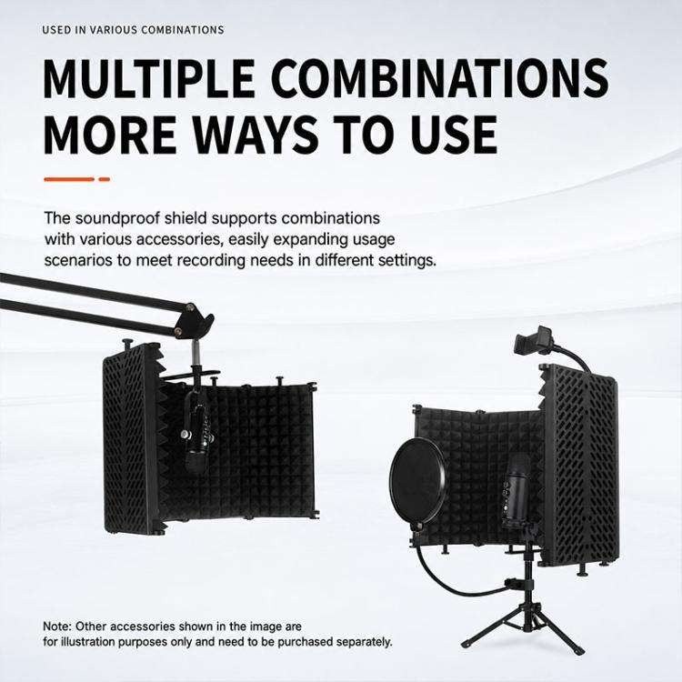 M3P Foldable Three-Panel Microphone Isolation Shield with Phone Clip, Tripod, Pop Filter Kit(Black)