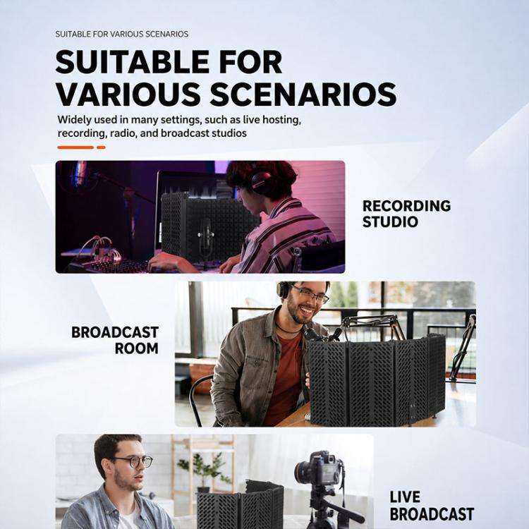 M3 Foldable Three-Panel Metal Casing Microphone Isolation Shield with Tripod and Pop Filter Kit(B...