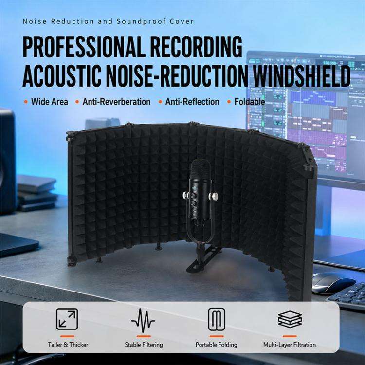 M5 Foldable Five-Panel Metal Casing Microphone Isolation Shield with Tripod and Pop Filter Kit(Bl...