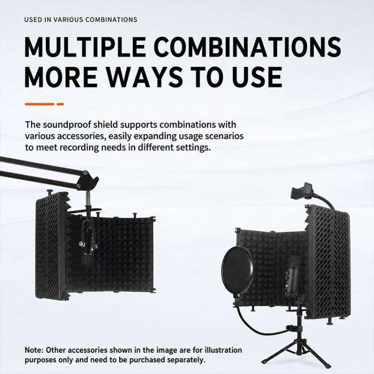 M5 Foldable Five-Panel Metal Casing Microphone Isolation Shield with Tripod and Pop Filter Kit(Bl...