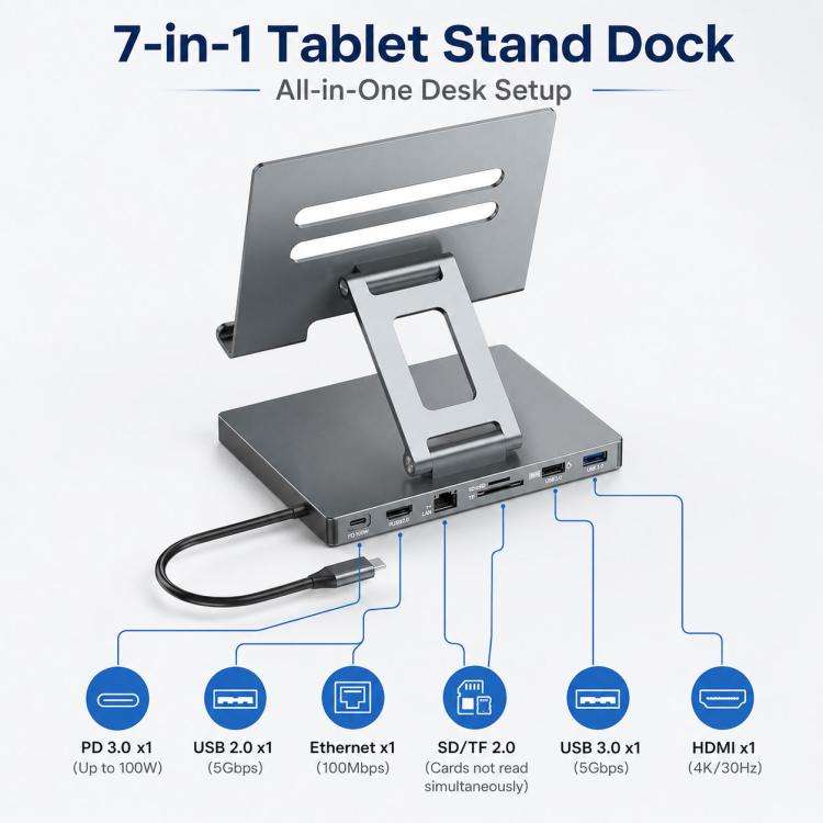 Blueendless ST706 7 in 1 4K 30Hz Multifunctional Docking Station Tablet Holder(Grey)