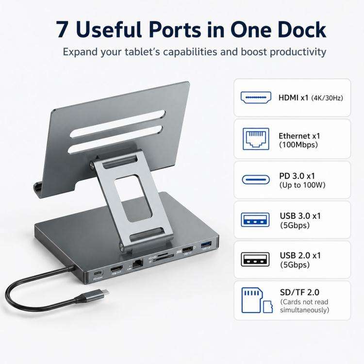 Blueendless ST706 7 in 1 4K 30Hz Multifunctional Docking Station Tablet Holder(Grey)