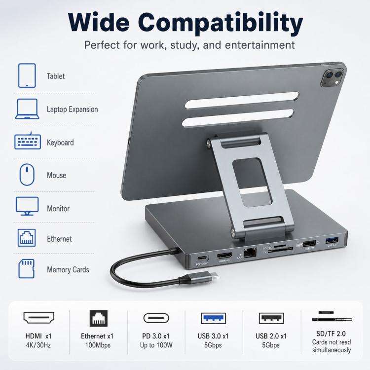 Blueendless ST706 7 in 1 4K 30Hz Multifunctional Docking Station Tablet Holder(Grey)