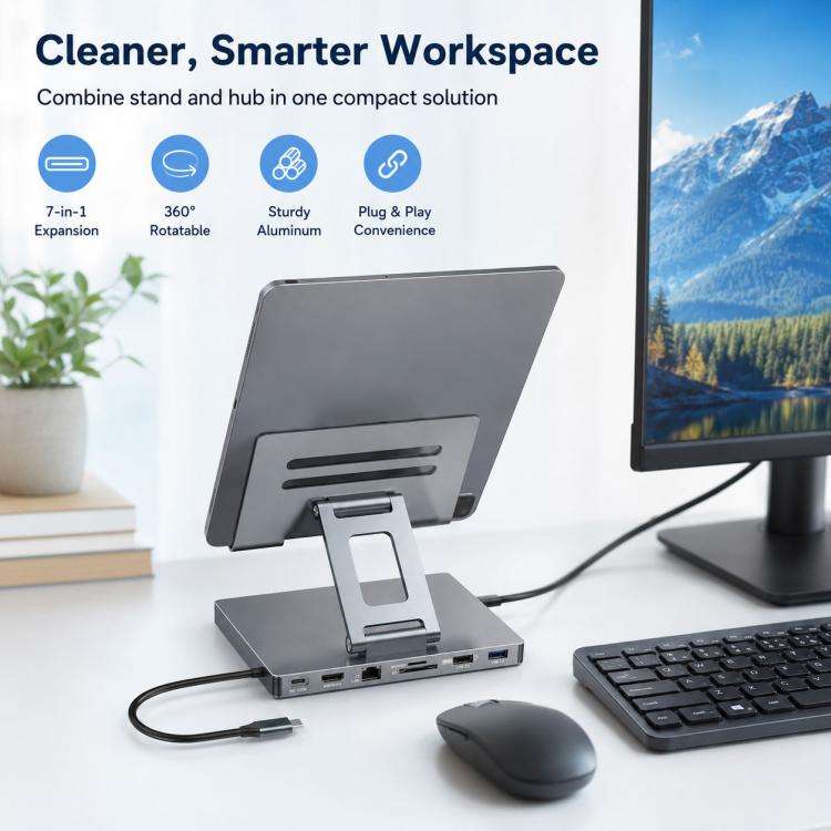 Blueendless ST706 7 in 1 4K 30Hz Multifunctional Docking Station Tablet Holder(Grey)
