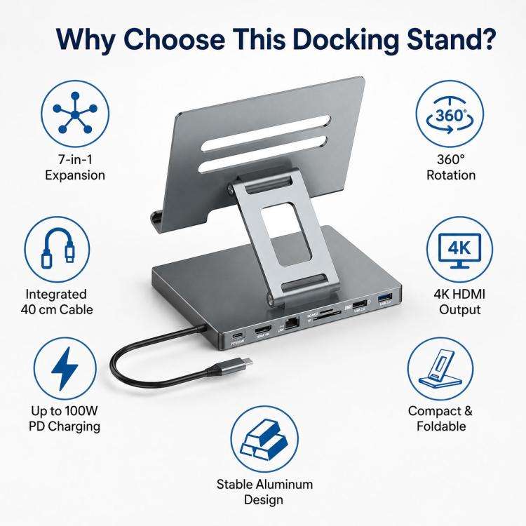 Blueendless ST706 7 in 1 4K 30Hz Multifunctional Docking Station Tablet Holder(Grey)
