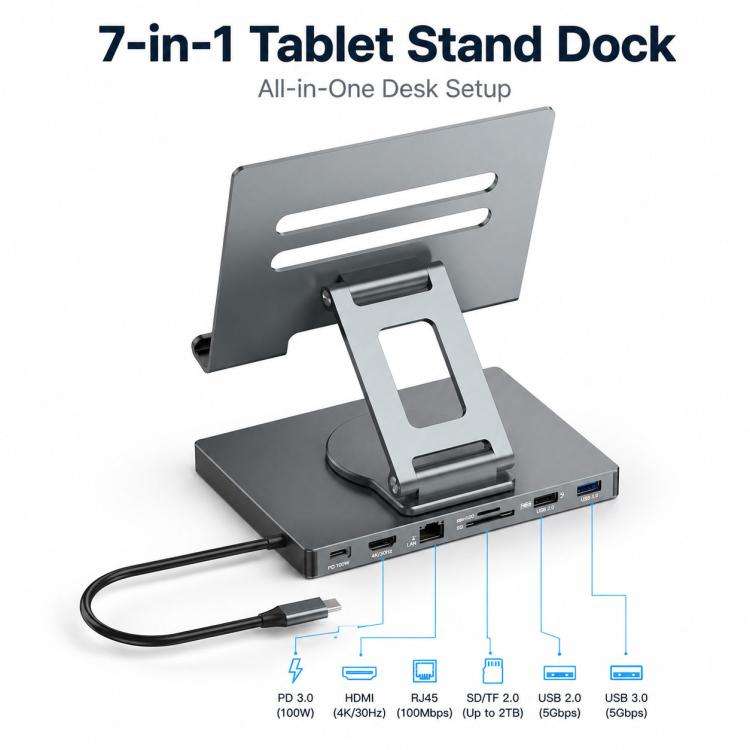Blueendless ST706A 7 in 1 4K 30Hz Multifunctional Docking Station 360-Degree Rotating Tablet Hold...