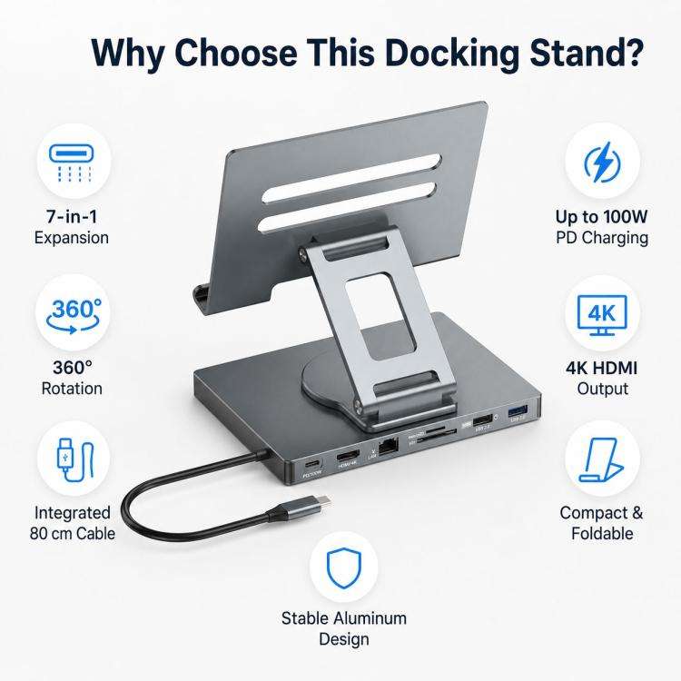 Blueendless ST706A 7 in 1 4K 30Hz Multifunctional Docking Station 360-Degree Rotating Tablet Hold...