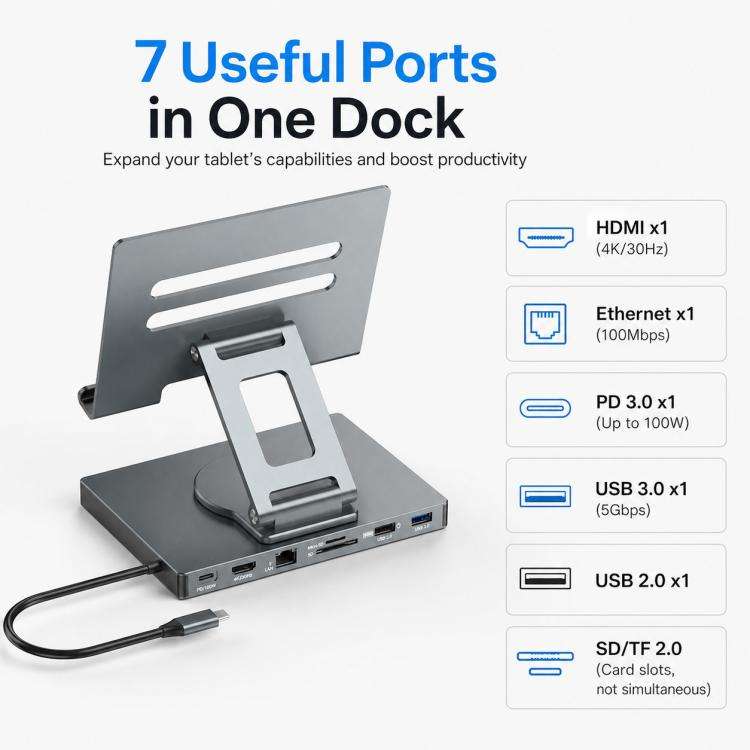Blueendless ST706A 7 in 1 4K 30Hz Multifunctional Docking Station 360-Degree Rotating Tablet Hold...