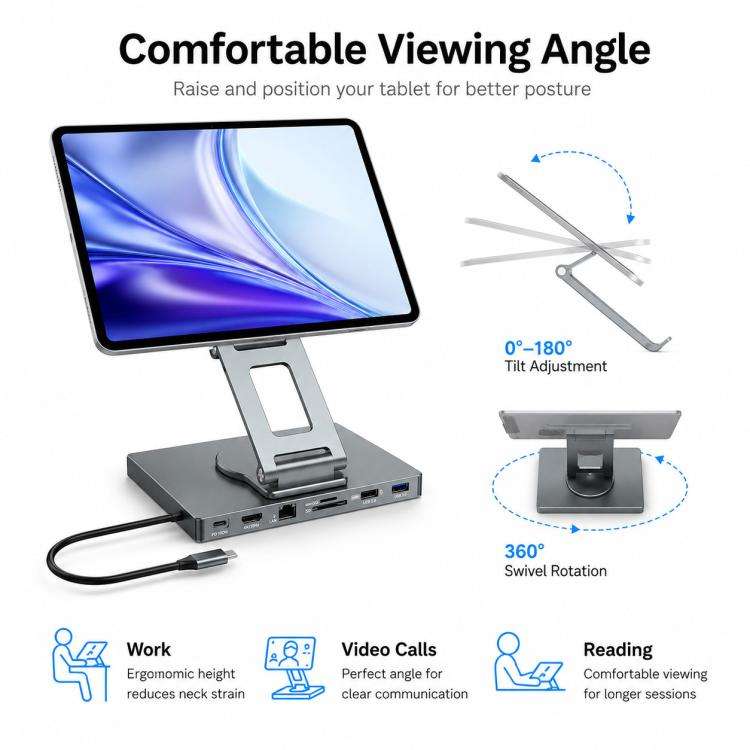 Blueendless ST706A 7 in 1 4K 30Hz Multifunctional Docking Station 360-Degree Rotating Tablet Hold...