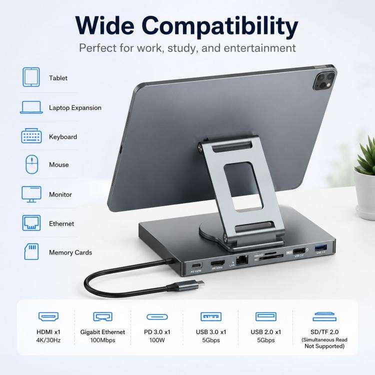 Blueendless ST706A 7 in 1 4K 30Hz Multifunctional Docking Station 360-Degree Rotating Tablet Hold...