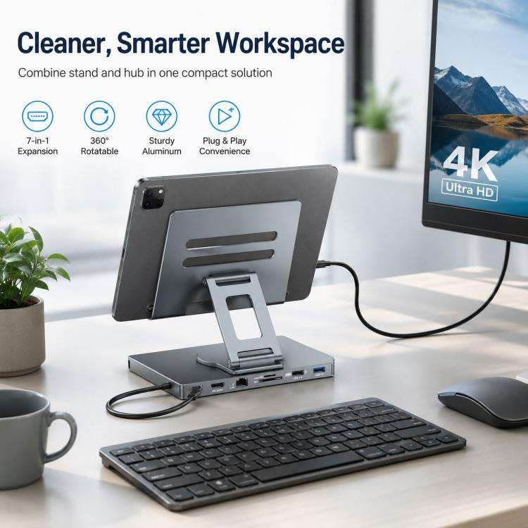 Blueendless ST706A 7 in 1 4K 30Hz Multifunctional Docking Station 360-Degree Rotating Tablet Hold...