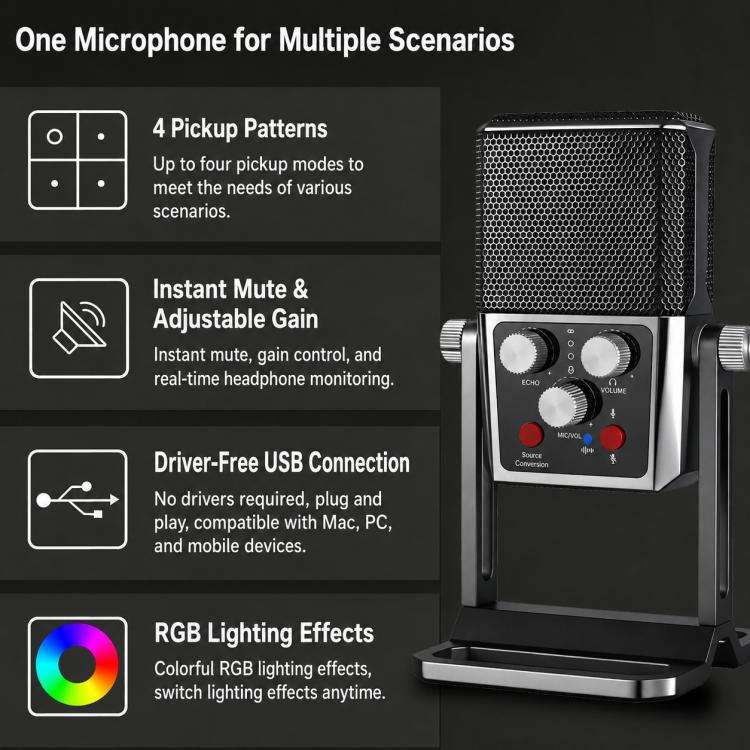 BM-959PL Multi-directional Switching ASMR Recording Condenser Microphone(Black)