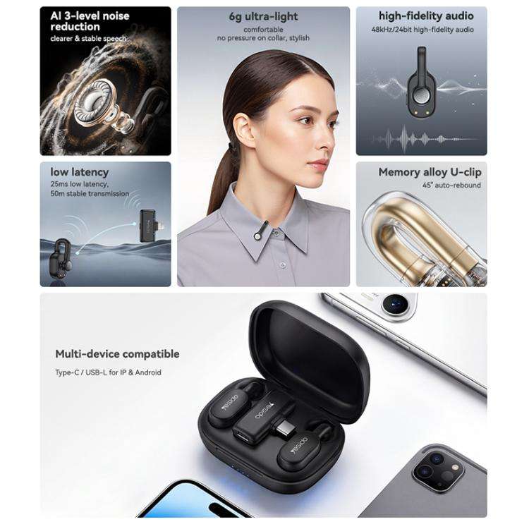 Yesido KR25 AI Noise Reduction Lavalier Microphone with Type-C Receiver(Black)