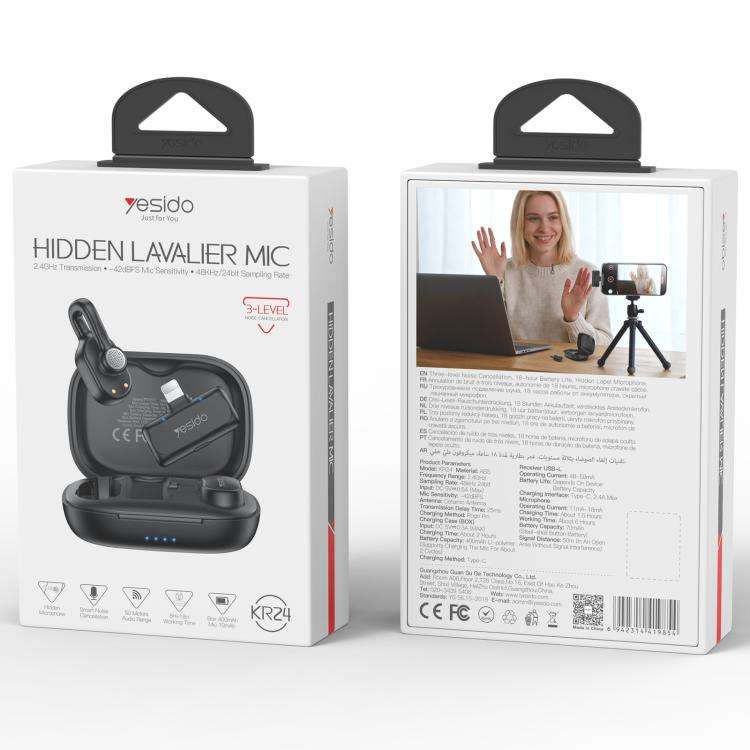 Yesido KR24 AI Noise Reduction Lavalier Microphone with 8 Pin Receiver(Black)