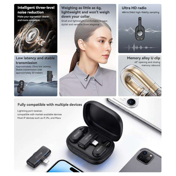 Yesido KR24 AI Noise Reduction Lavalier Microphone with 8 Pin Receiver(Black)