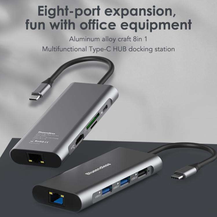 Blueendless HC801 8 in 1 100W PD 4K HDMI USB 3.0 USB-C HUB Multiport Adapter