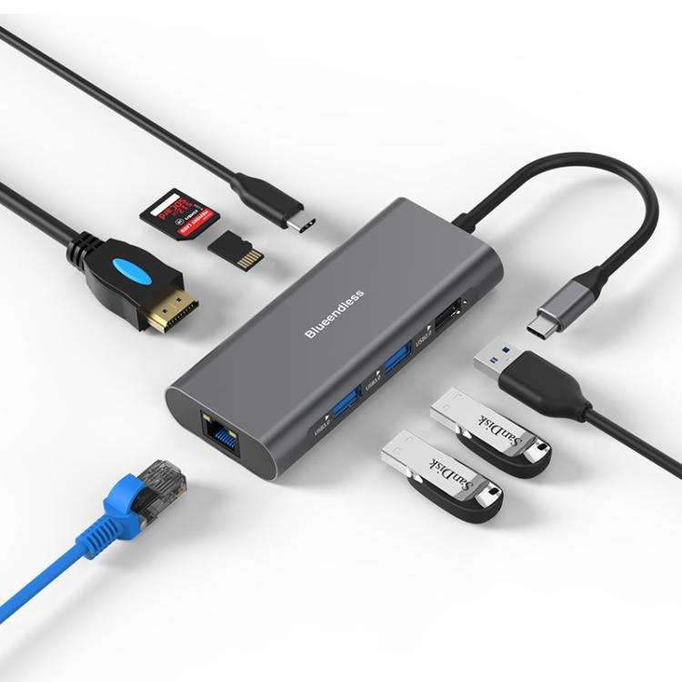 Blueendless HC801 8 in 1 100W PD 4K HDMI USB 3.0 USB-C HUB Multiport Adapter