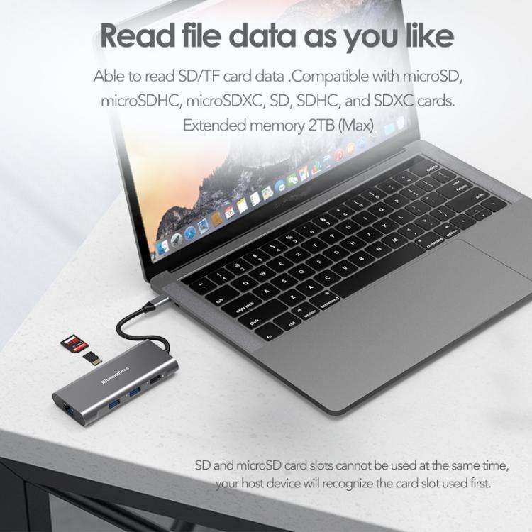 Blueendless HC801 8 in 1 100W PD 4K HDMI USB 3.0 USB-C HUB Multiport Adapter