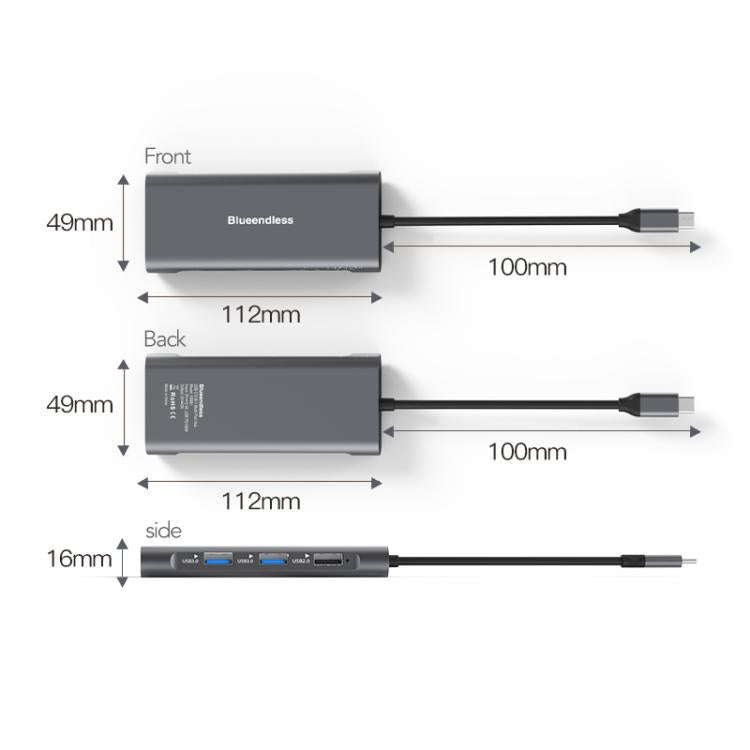 Blueendless HC801 8 in 1 100W PD 4K HDMI USB 3.0 USB-C HUB Multiport Adapter