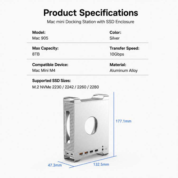 For Mac Mini M4 Blueendless MAC905 Bracket Expansion Dock Hard Drive Enclosure(HDMI+SD4.0)