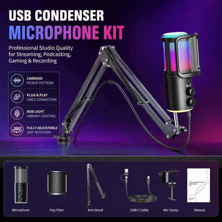 ONIKUMA M530 USB Condenser Microphone RGB Gaming Mic for Streaming(Black)