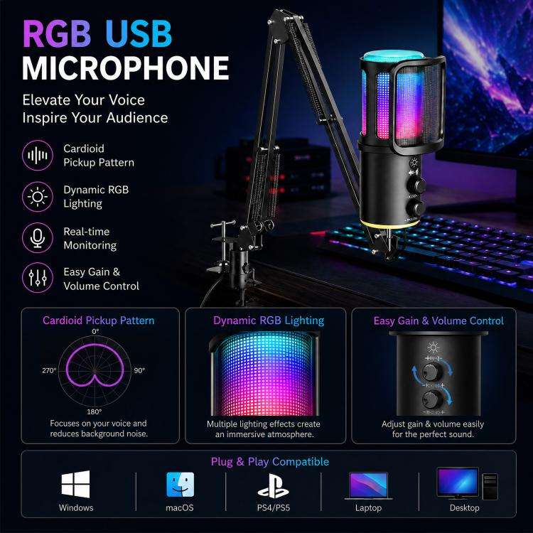 ONIKUMA M530 USB Condenser Microphone RGB Gaming Mic for Streaming(Black)