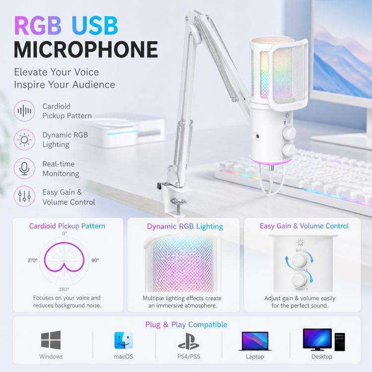 ONIKUMA M530 USB Condenser Microphone RGB Gaming Mic for Streaming(White)