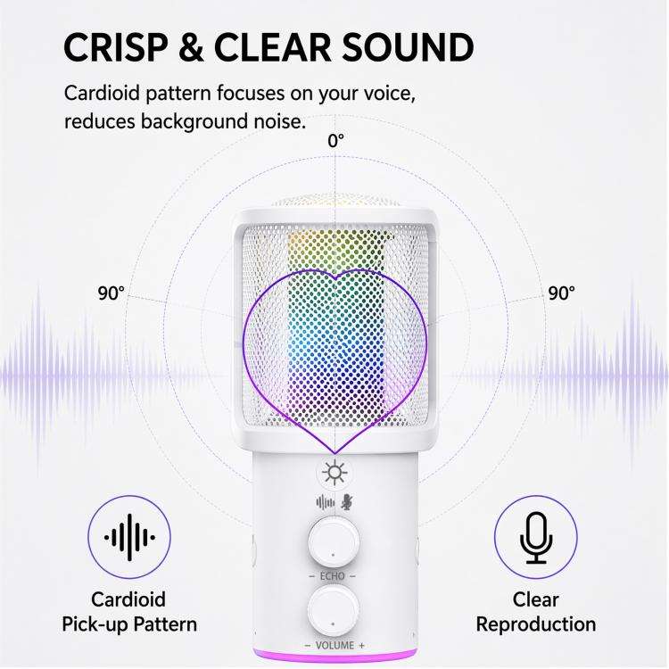 ONIKUMA M530 USB Condenser Microphone RGB Gaming Mic for Streaming(White)
